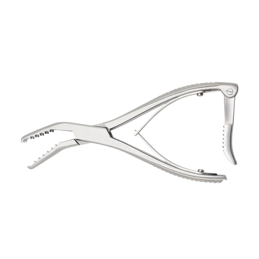 Professional medical-grade Inge Lamina Spreader made of polished stainless steel. The instrument features curved, non-toothed spreader jaws, a double-spring plier handle, and a graduated bar ratchet at the base for locking the jaws in an open position during spinal or orthopedic surgery.