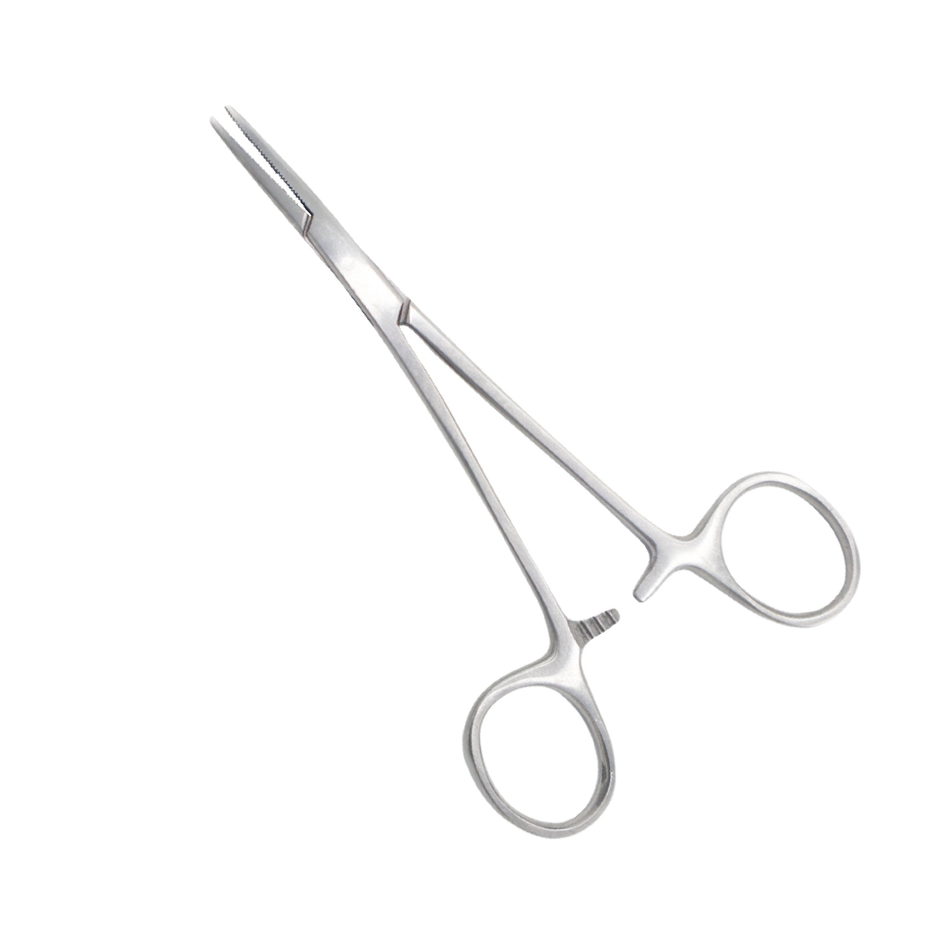 Straight surgical hemostatic forceps with finger-ring handles and a ratchet locking mechanism, used for clamping blood vessels or holding tissue.