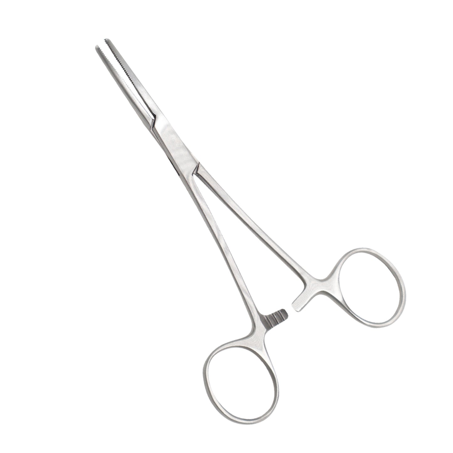 A pair of straight, stainless steel surgical hemostatic forceps with serrated jaws and a ratchet locking mechanism.