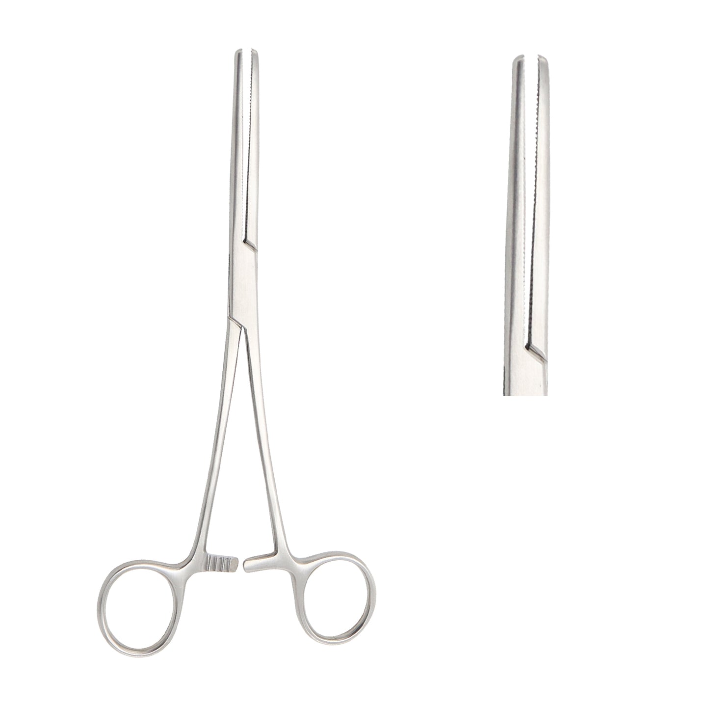 Straight Kelly Hemostat Forceps surgical artery clamp made of stainless steel with serrated jaws and ratchet locking mechanism for tissue clamping.