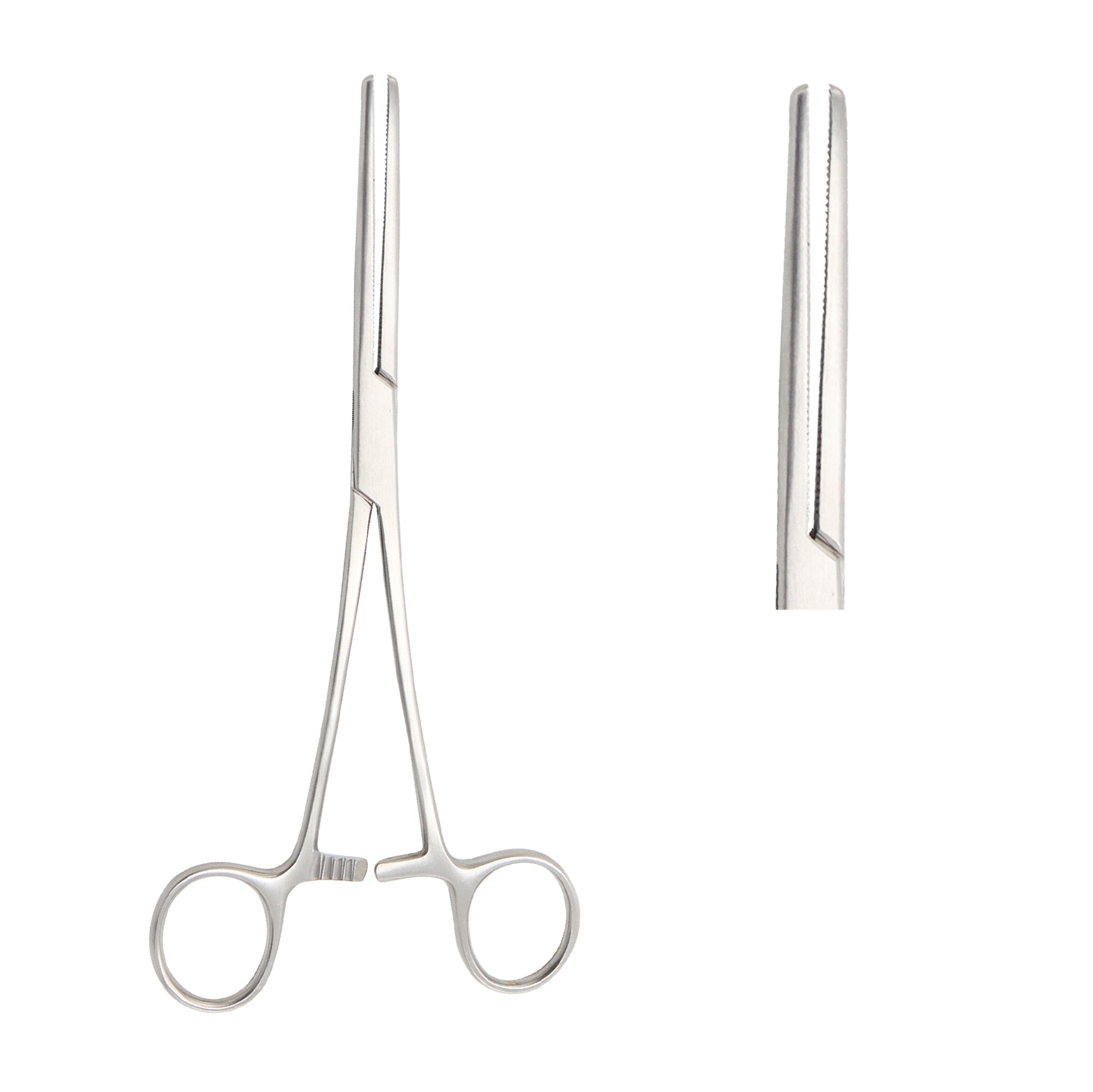 Straight Kelly Hemostat Forceps surgical artery clamp made of stainless steel with serrated jaws and ratchet locking mechanism for tissue clamping.