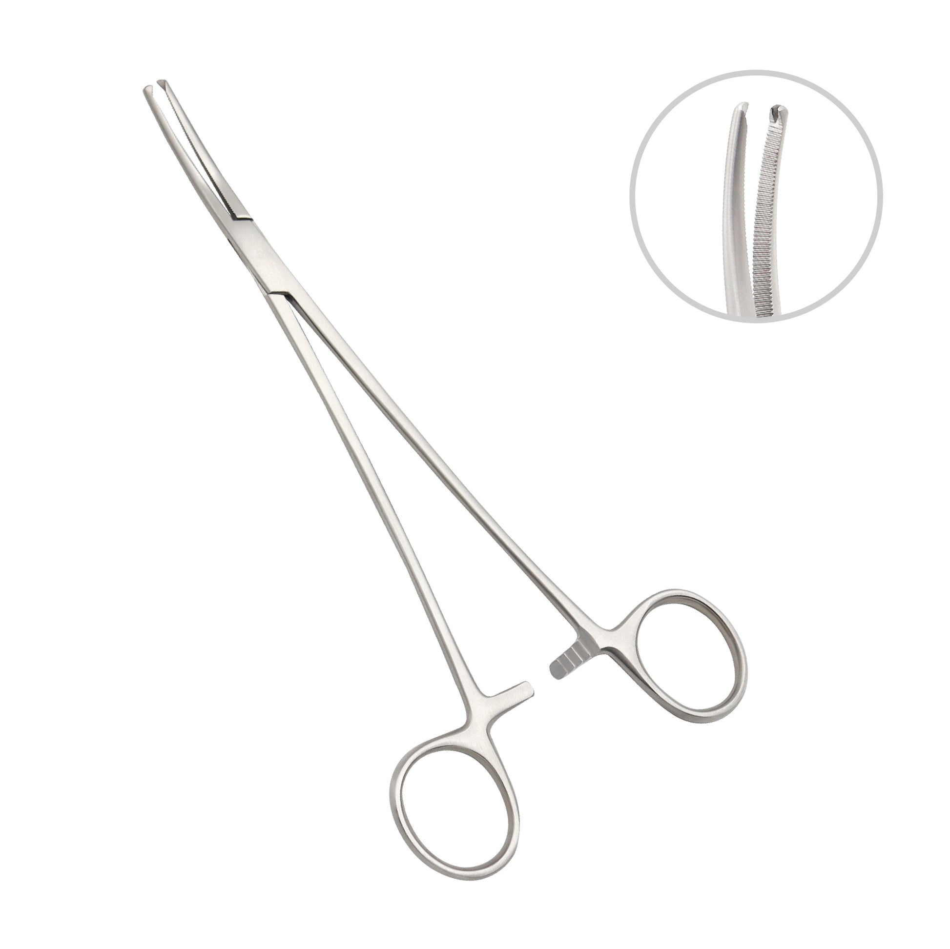 A surgical-grade stainless steel hemostatic forcep, 13395-20-03, featuring curved, serrated jaws and a ring-handle with a three-position ratchet lock. A circular inset shows a close-up of the finely serrated tips.