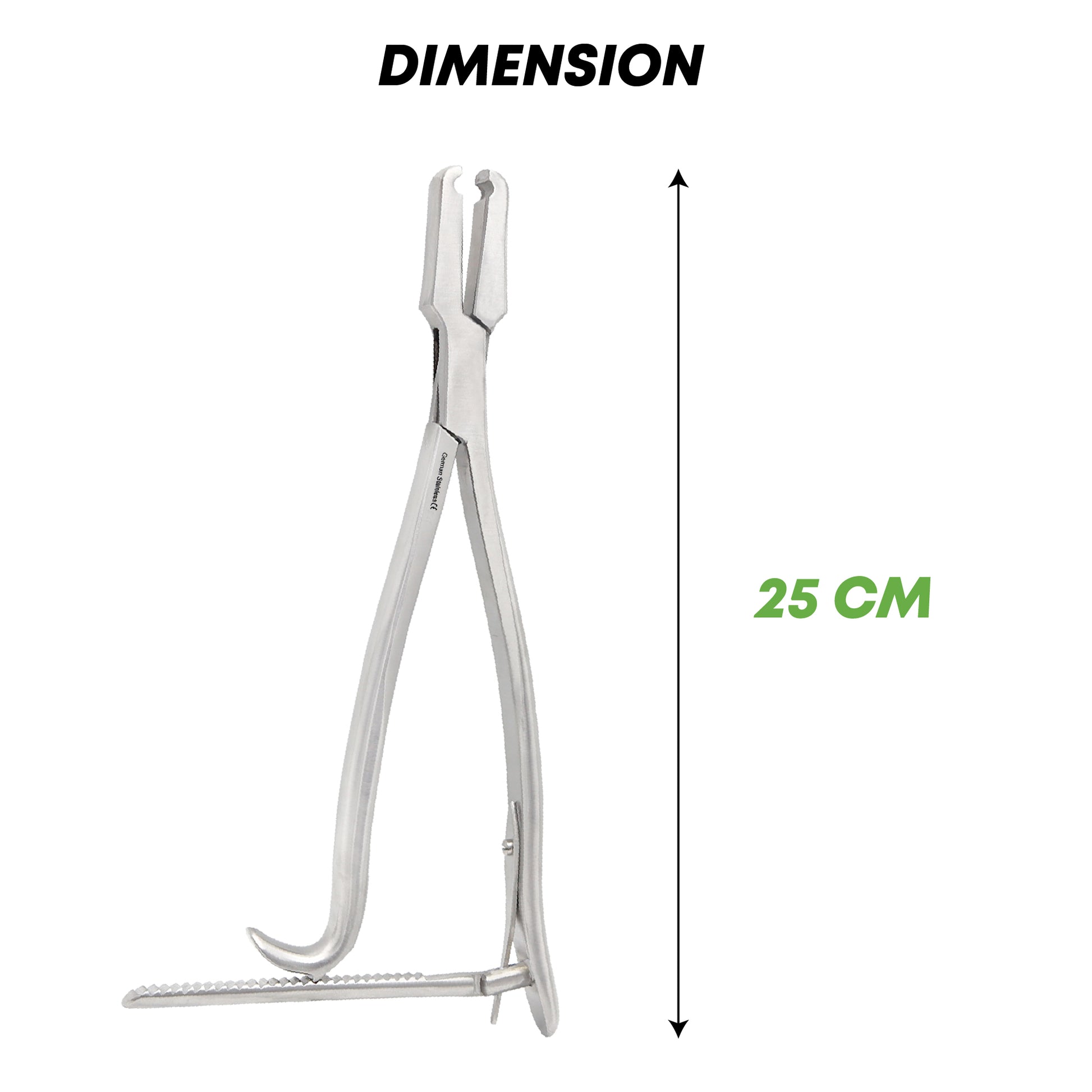 25cm long Kern bone holding forceps orthopedic instrument with bottom tracking ratchet lock.