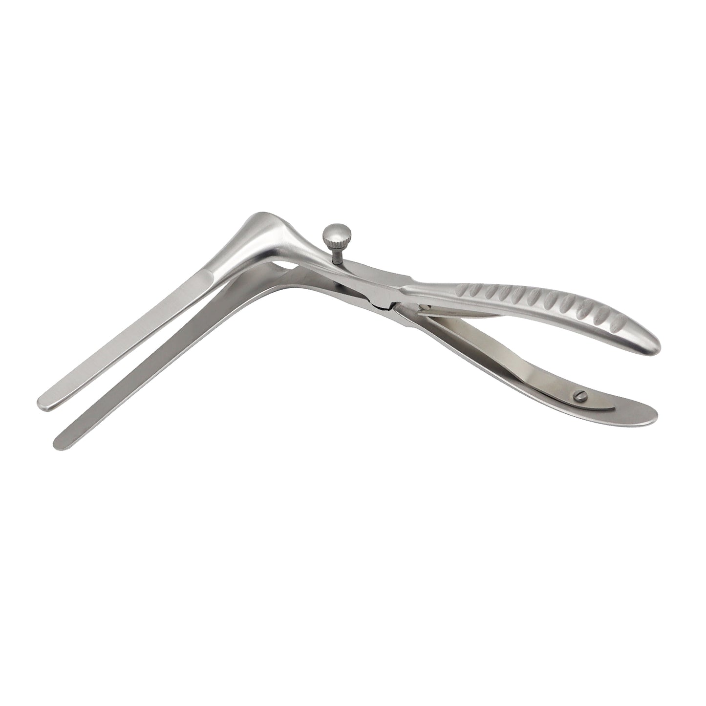 Stainless steel Killian nasal speculum with open blades, spring-action handle, and adjustable thumb set screw against a plain white background