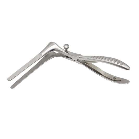 Stainless steel Killian nasal speculum with open blades, spring-action handle, and adjustable thumb set screw against a plain white background