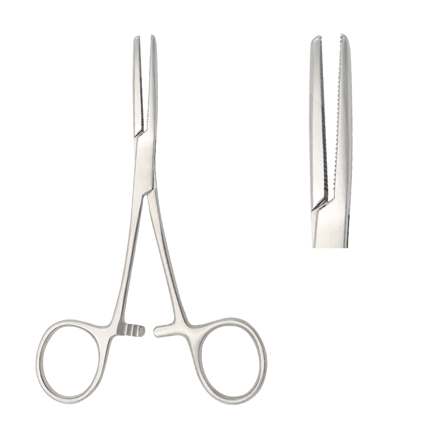 Straight Kocher hemostatic forceps with 1x2 interlocking teeth at the tips, transverse serrated jaws, and a ratchet locking handle, made of surgical-grade stainless steel.
