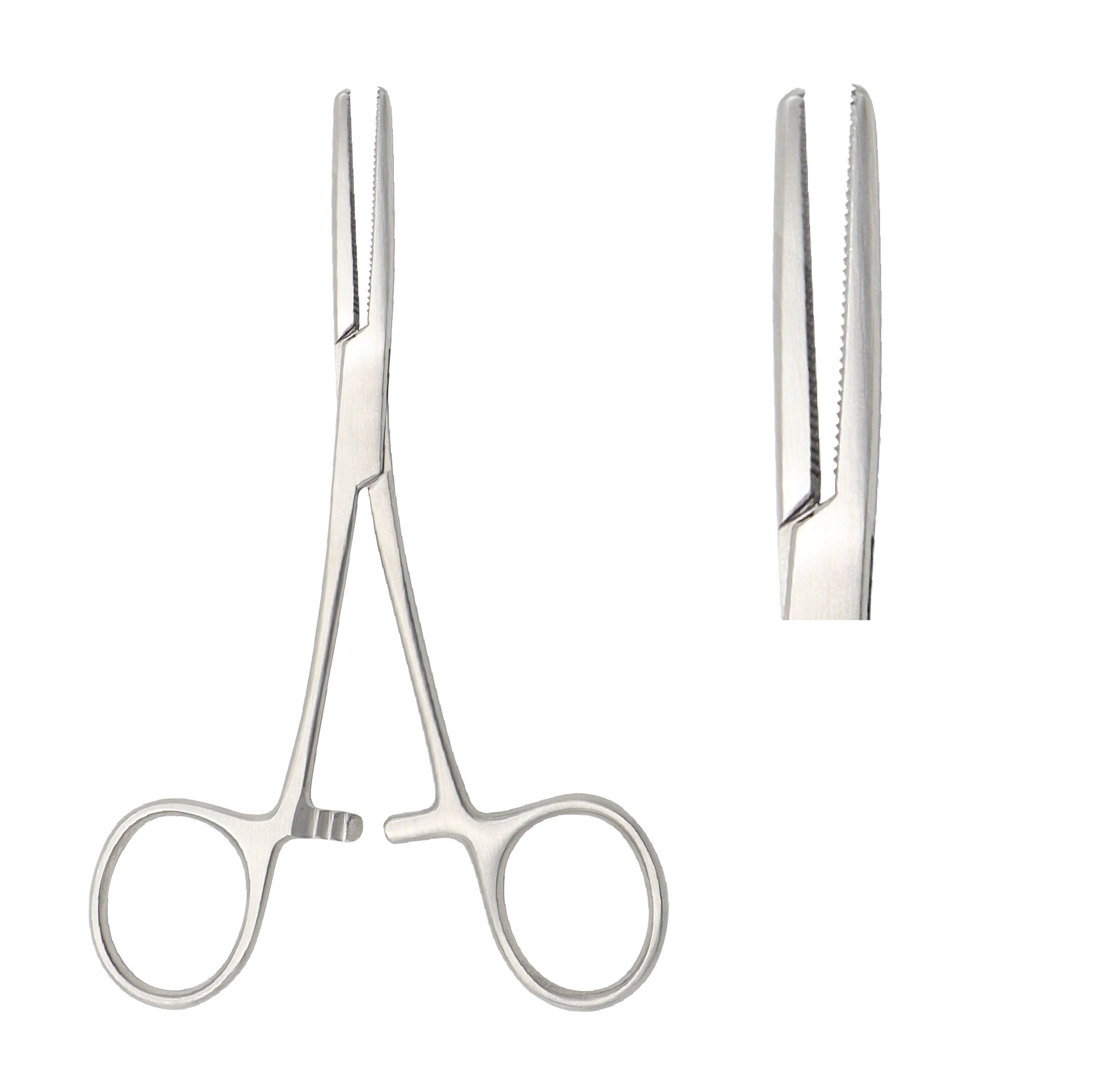 Straight Kocher hemostatic forceps with 1x2 interlocking teeth at the tips, transverse serrated jaws, and a ratchet locking handle, made of surgical-grade stainless steel.
