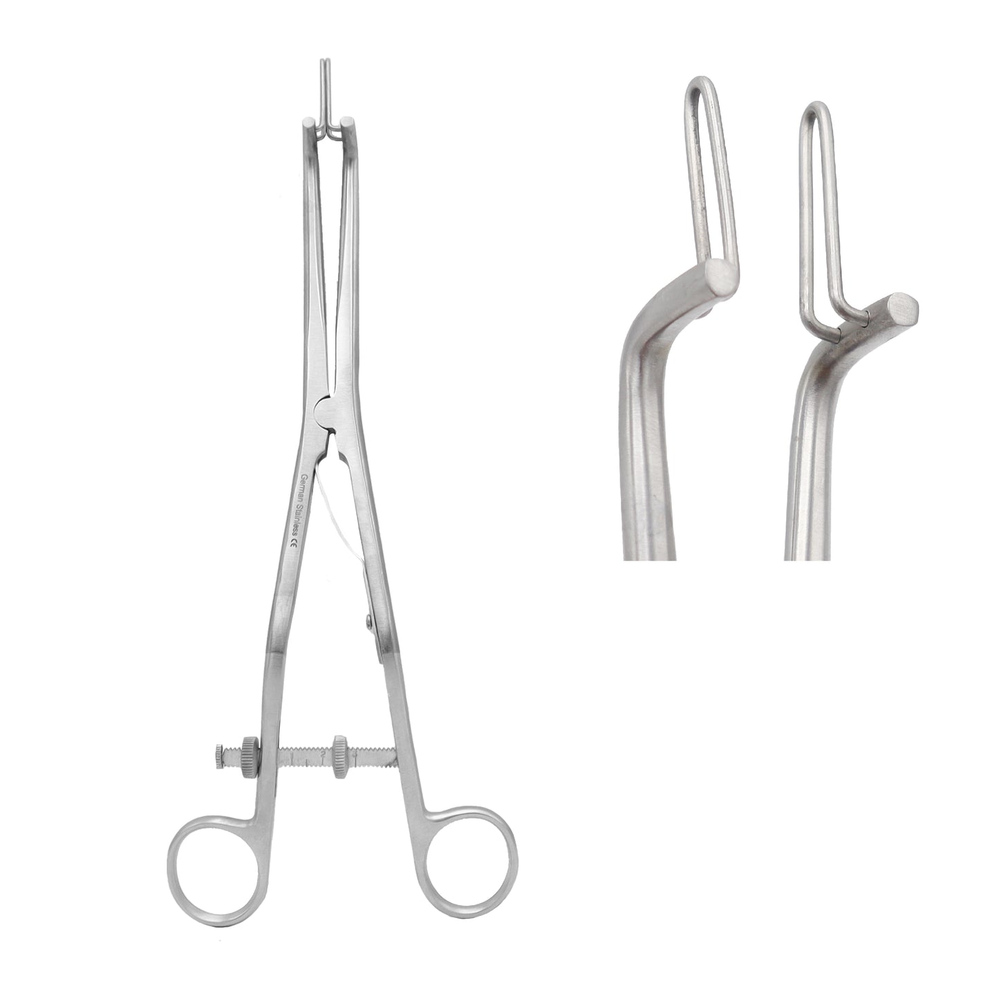 Stainless steel Kogan endocervical speculum with adjustable locking spindle and close-up view of the narrow fenestrated blades.