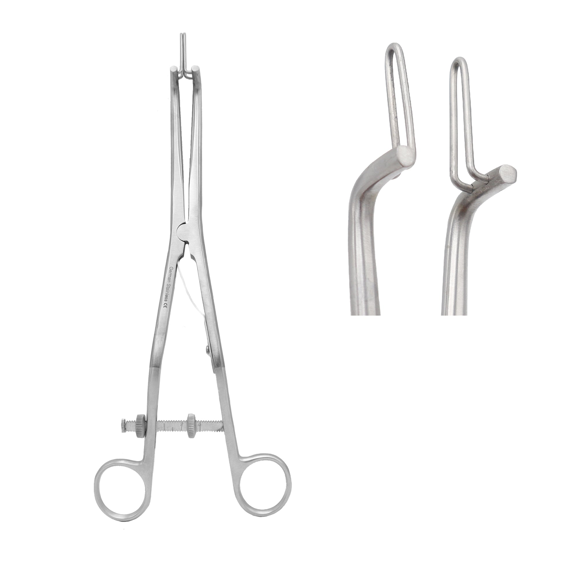 Stainless steel Kogan endocervical speculum with adjustable locking spindle and close-up view of the narrow fenestrated blades.