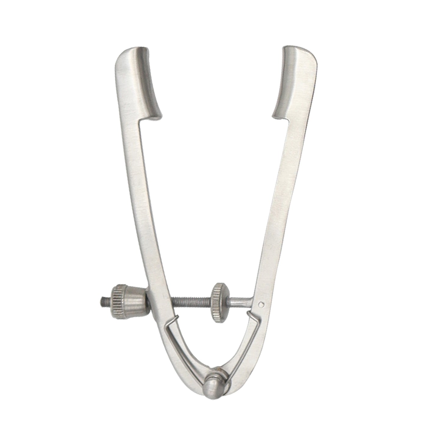A stainless steel Lancaster eye speculum used in ophthalmic surgery, featuring a screw-controlled adjustable mechanism and solid, curved blades for eyelid retraction.