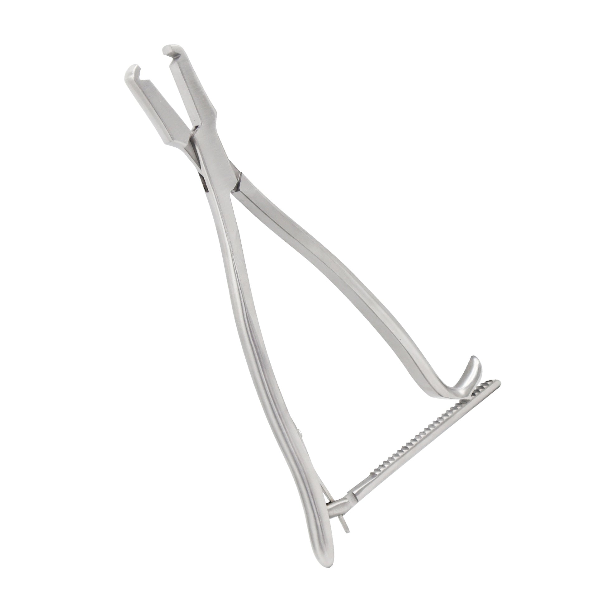 Side view of professional Lane bone holding forceps featuring a locking bar ratchet mechanism and serrated jaws for orthopedic surgery.
