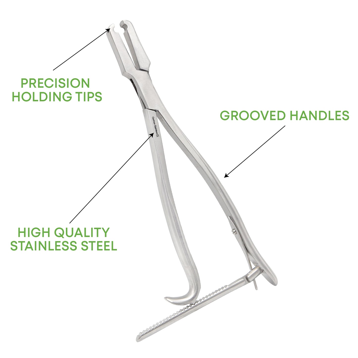 Lane bone holding forceps with ratchet made of high-quality stainless steel, featuring precision holding tips and grooved handles on a plain white background.