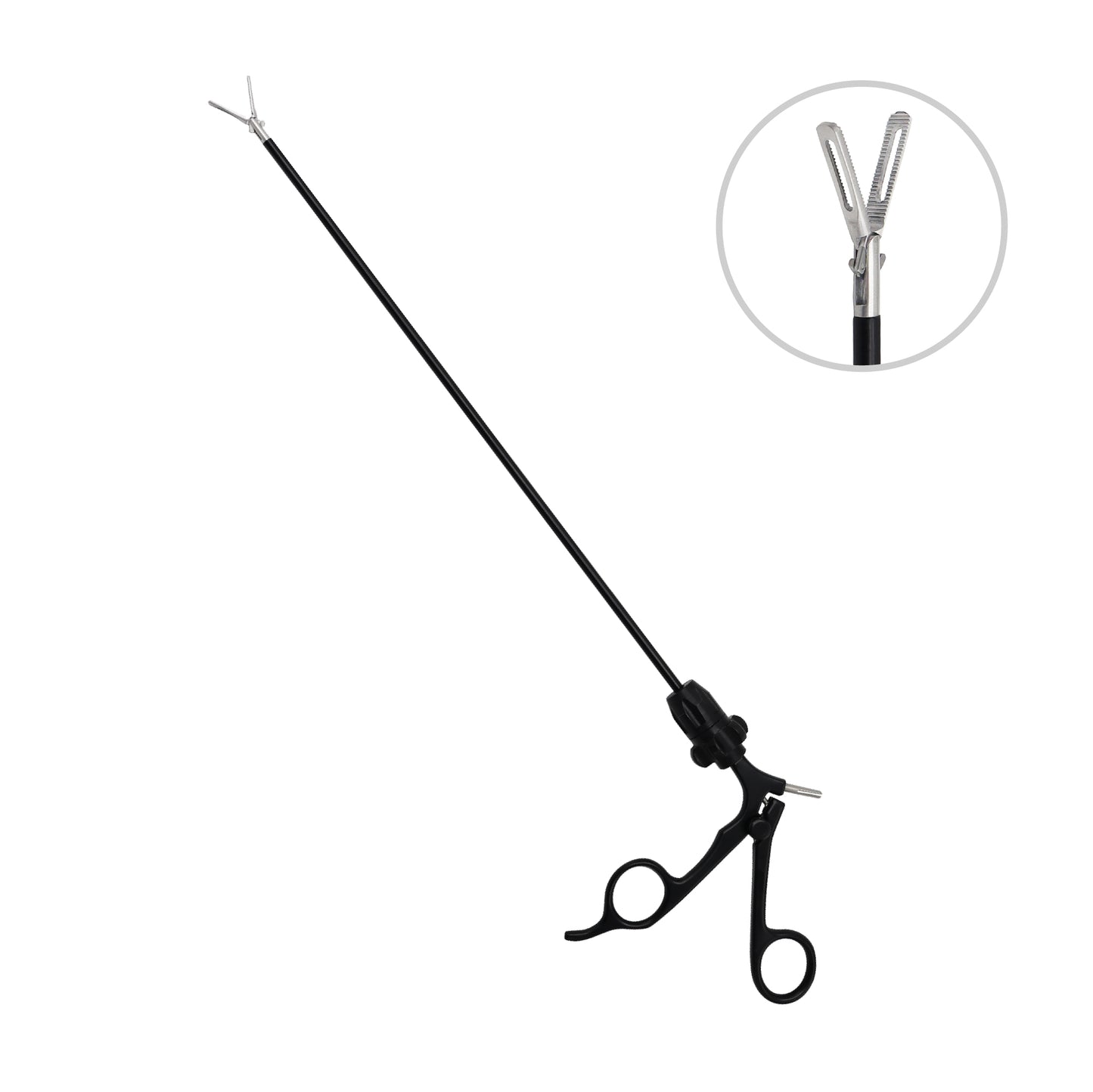 Insulated laparoscopic biopsy forceps featuring a double-action jaw tip, elongated shaft, and ergonomic finger-ring handle for surgical tissue sampling.