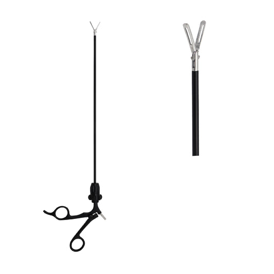 Laparoscopic grasper surgical forceps instrument with dual-action mechanical jaws and scissor ring-handle for minimally invasive surgery.