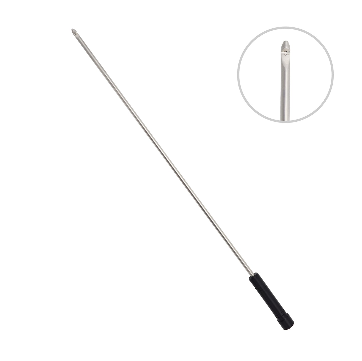 Stainless steel laparoscopic knot pusher surgical instrument with a long shaft, black handle, and a close-up inset showing the grooved tip design against a white background.