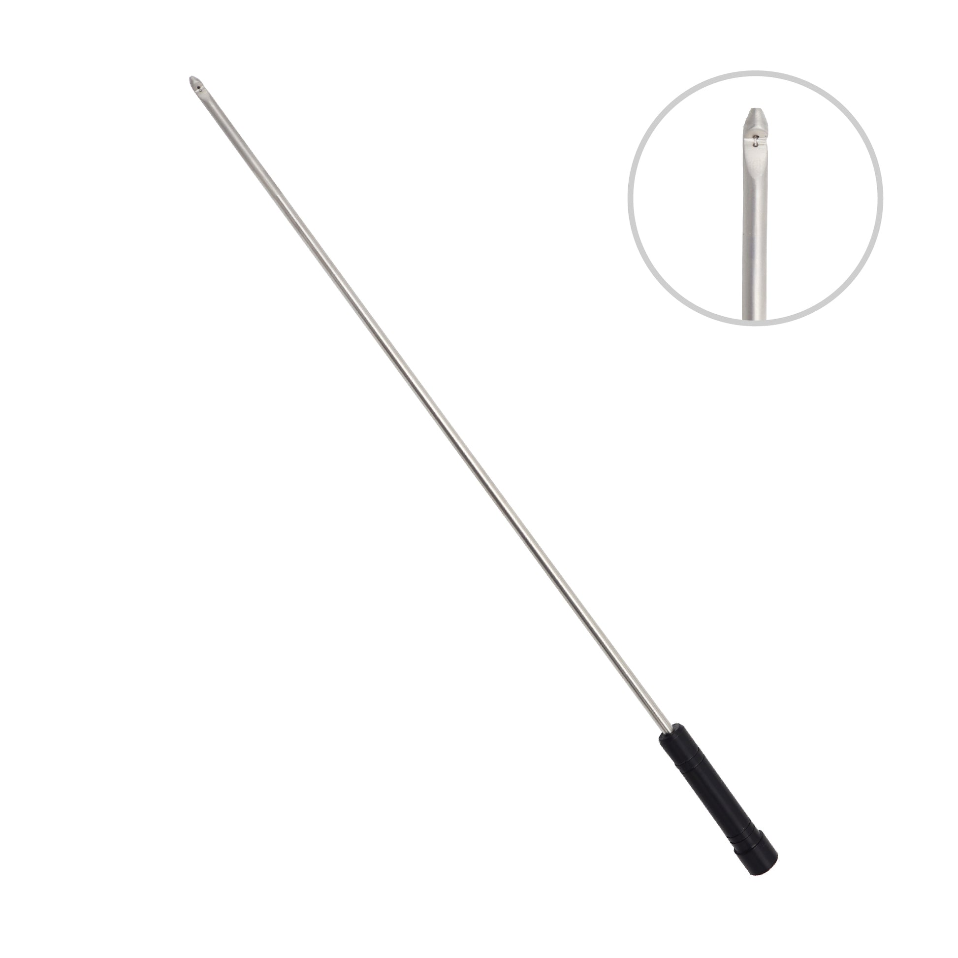 Stainless steel laparoscopic knot pusher surgical instrument with a long shaft, black handle, and a close-up inset showing the grooved tip design against a white background.