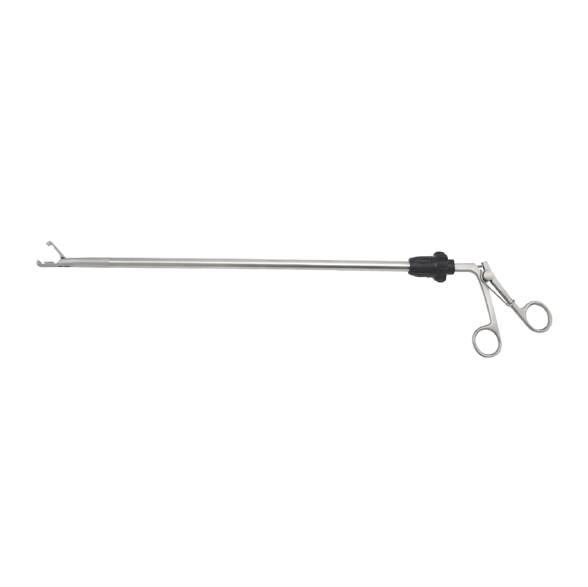 Reusable stainless steel laparoscopic spoon forceps for stone holding and tissue manipulation with a 10mm jaw, long insulated shaft, rotatable knob, and scissor-style ring handles on a white background.