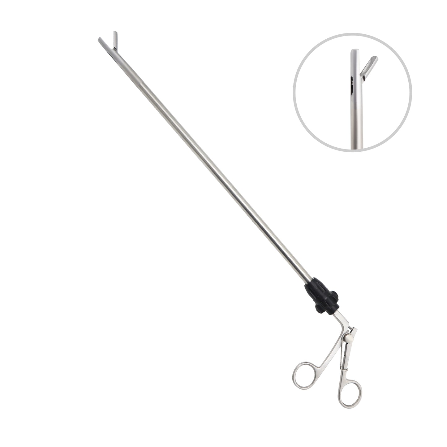 Elongated laparoscopic spoon forceps with a cupped jaw tip insert, manual rotation knob, and stainless steel scissor-action ring handles for surgical stone retrieval.