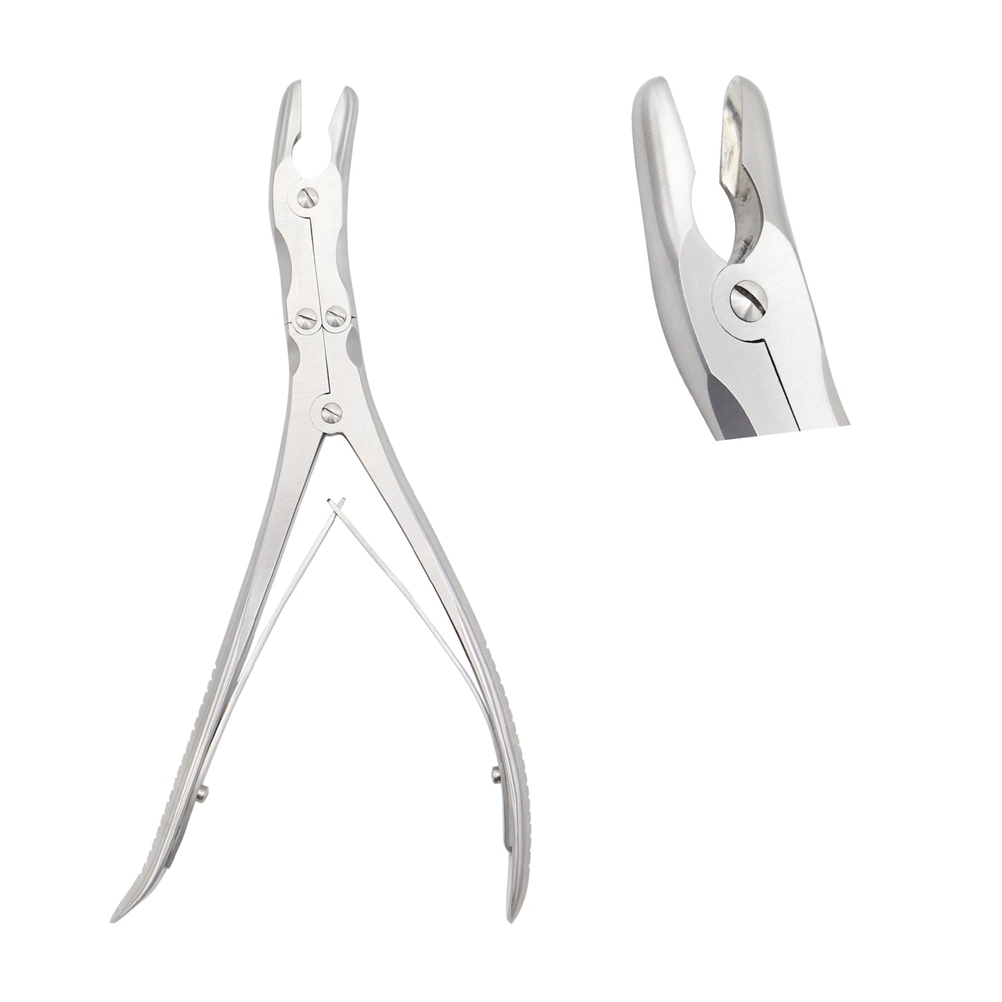 Medical-grade stainless steel Leksell rongeur with a double-action joint and curved, scoop-shaped jaws, shown from a full profile and a detailed tip view.