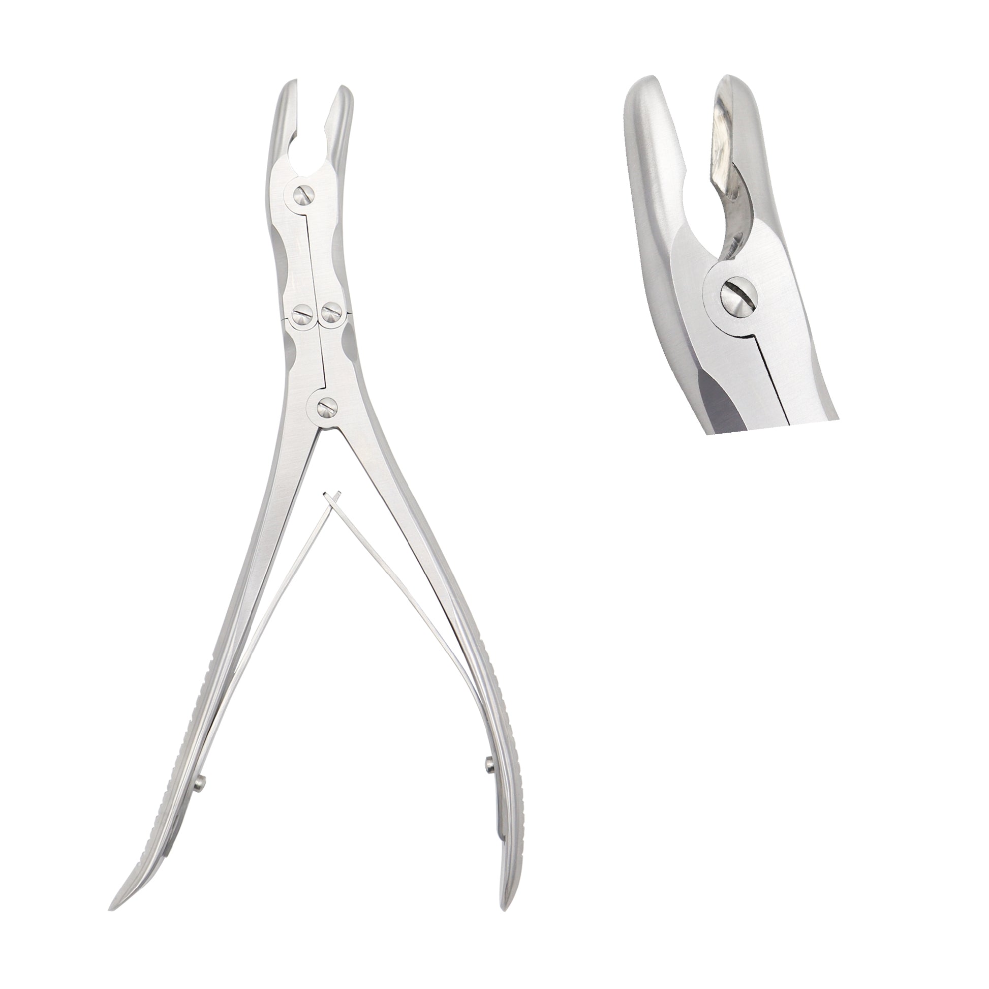 Medical-grade stainless steel Leksell rongeur with a double-action joint and curved, scoop-shaped jaws, shown from a full profile and a detailed tip view.