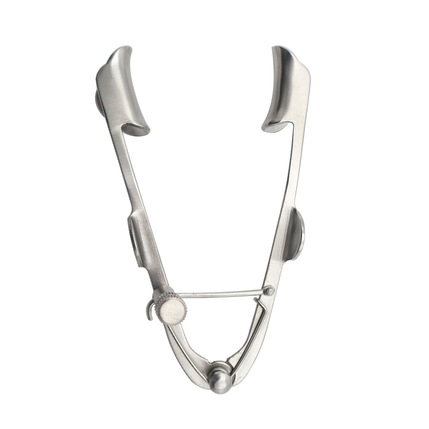 A V-shaped, stainless steel medical eye speculum with solid, curved blades at the top used to hold eyelids open during surgery.