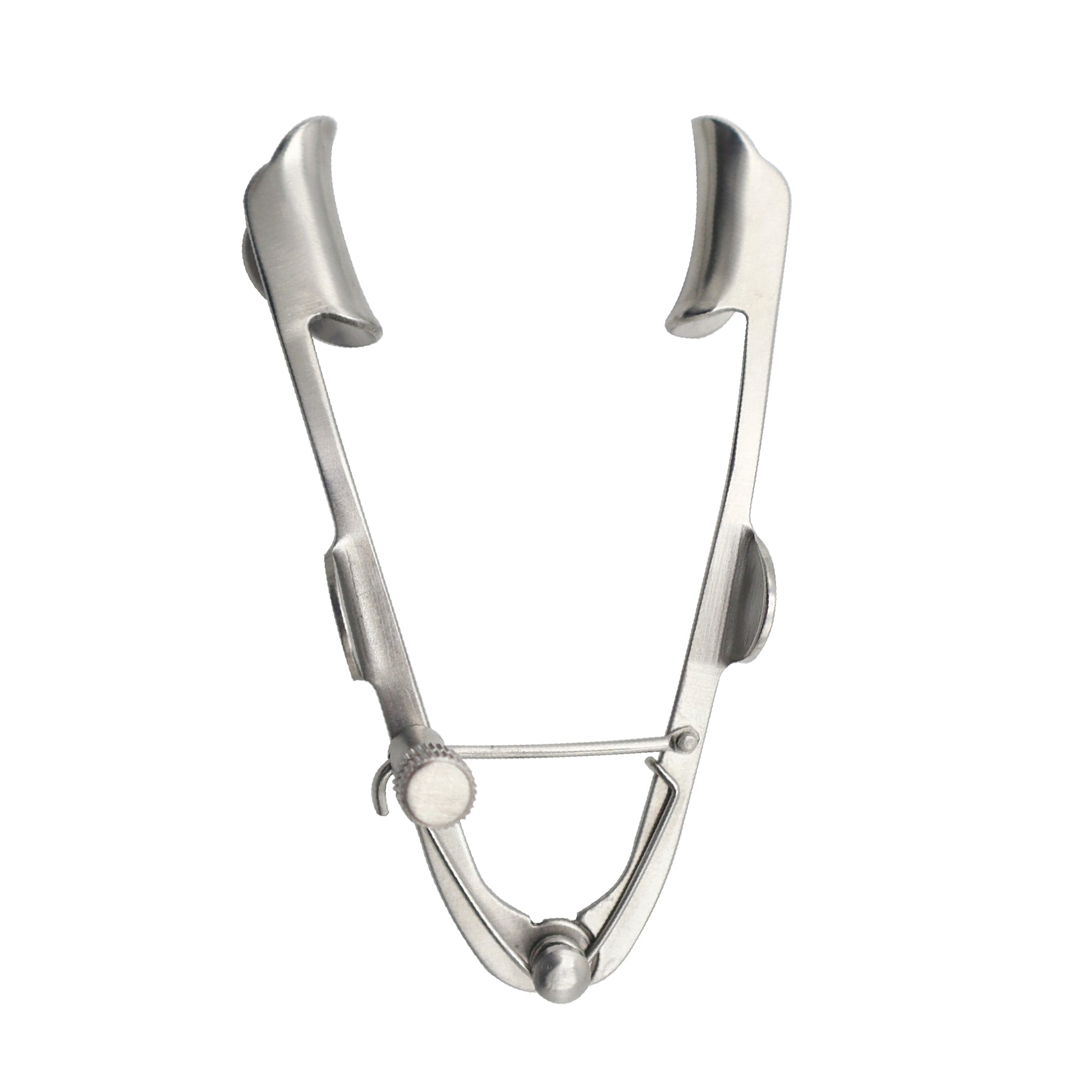 A V-shaped, stainless steel medical eye speculum with solid, curved blades at the top used to hold eyelids open during surgery.