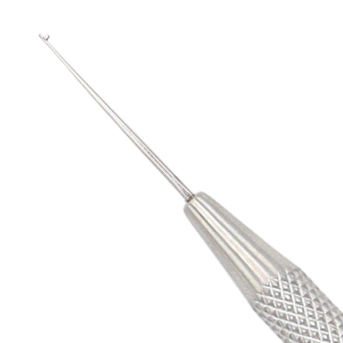 Straight Lester IOL manipulator with a fine tip and a textured, knurled metal handle for ophthalmic surgery on a white background.