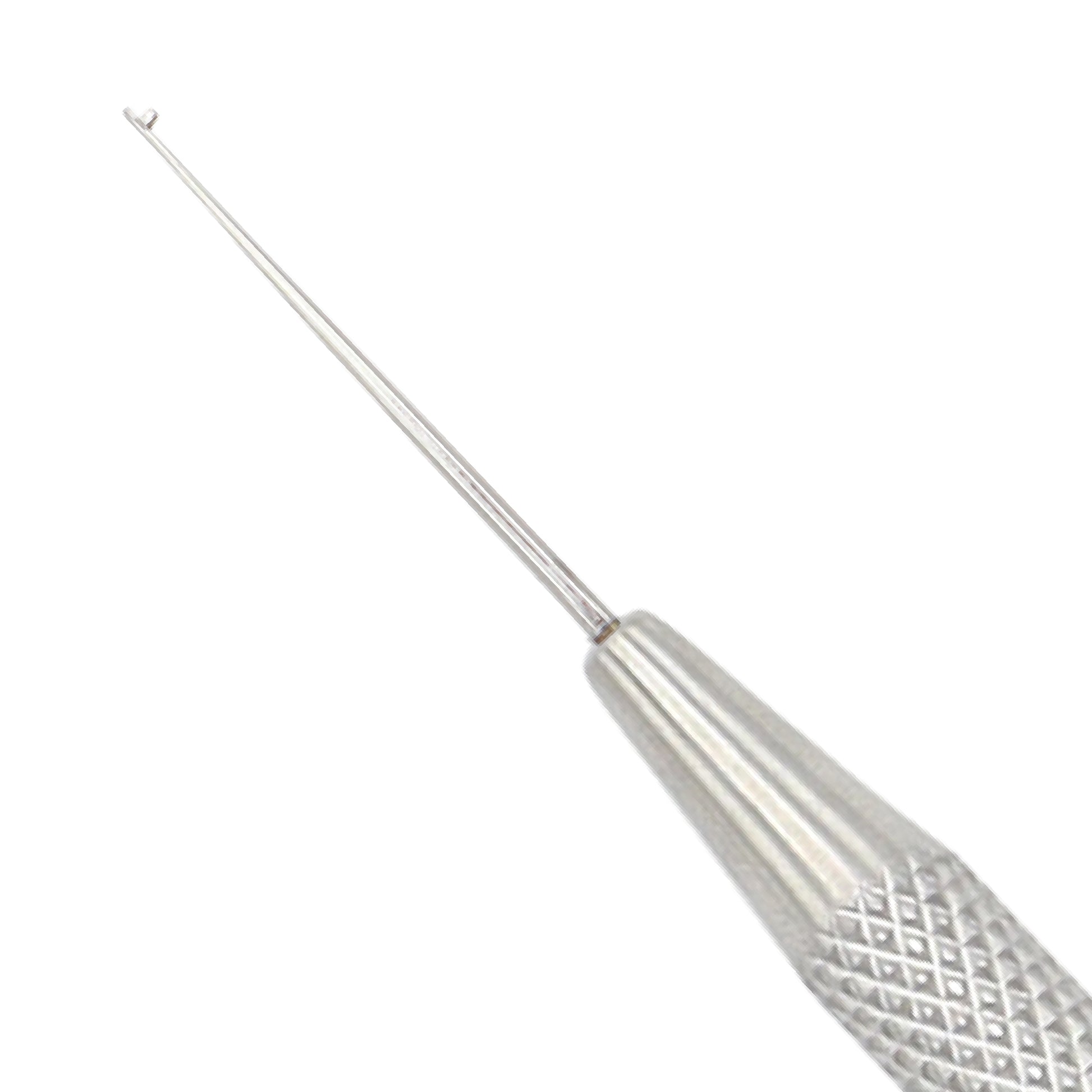 Straight Lester IOL manipulator with a fine tip and a textured, knurled metal handle for ophthalmic surgery on a white background.