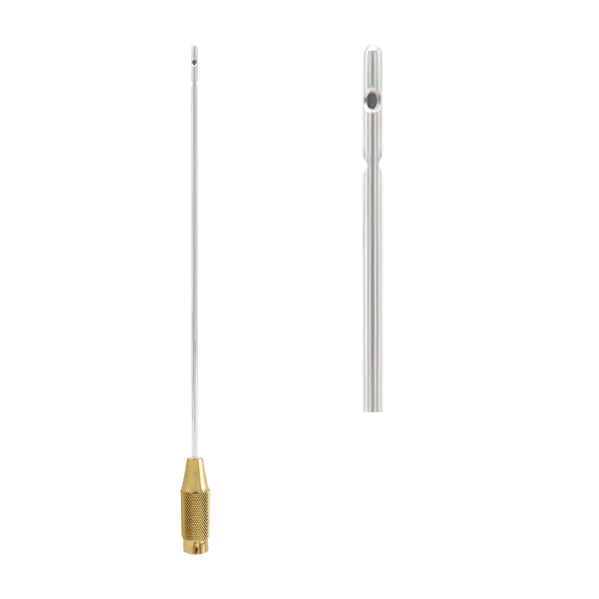 A long, slender surgical liposuction cannula with a silver-colored stainless steel shaft and a knurled gold-plated handle connector at the base.