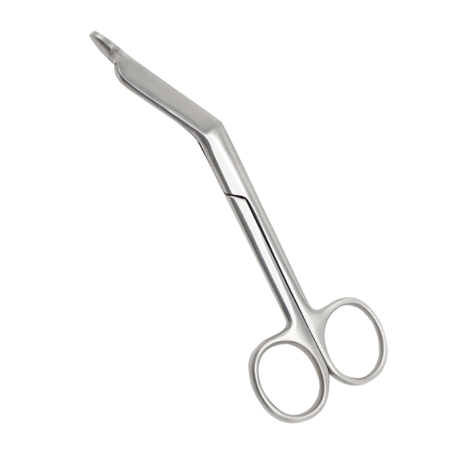 Stainless steel Lister bandage scissors with angled blades and a blunt safety tip on the lower blade.