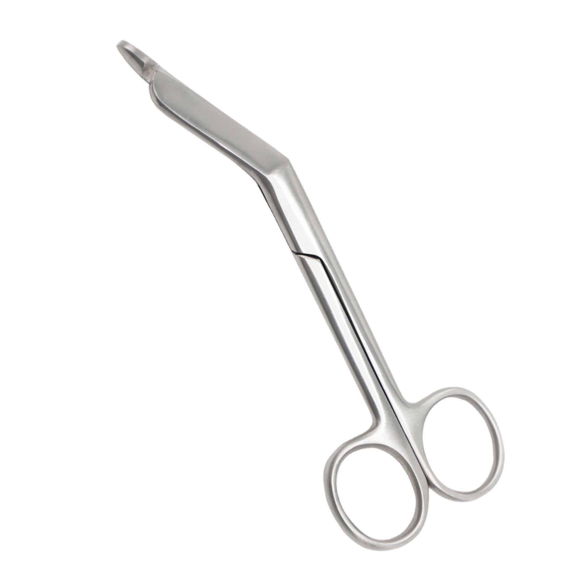 Stainless steel Lister bandage scissors with angled blades and a blunt safety tip on the lower blade.
