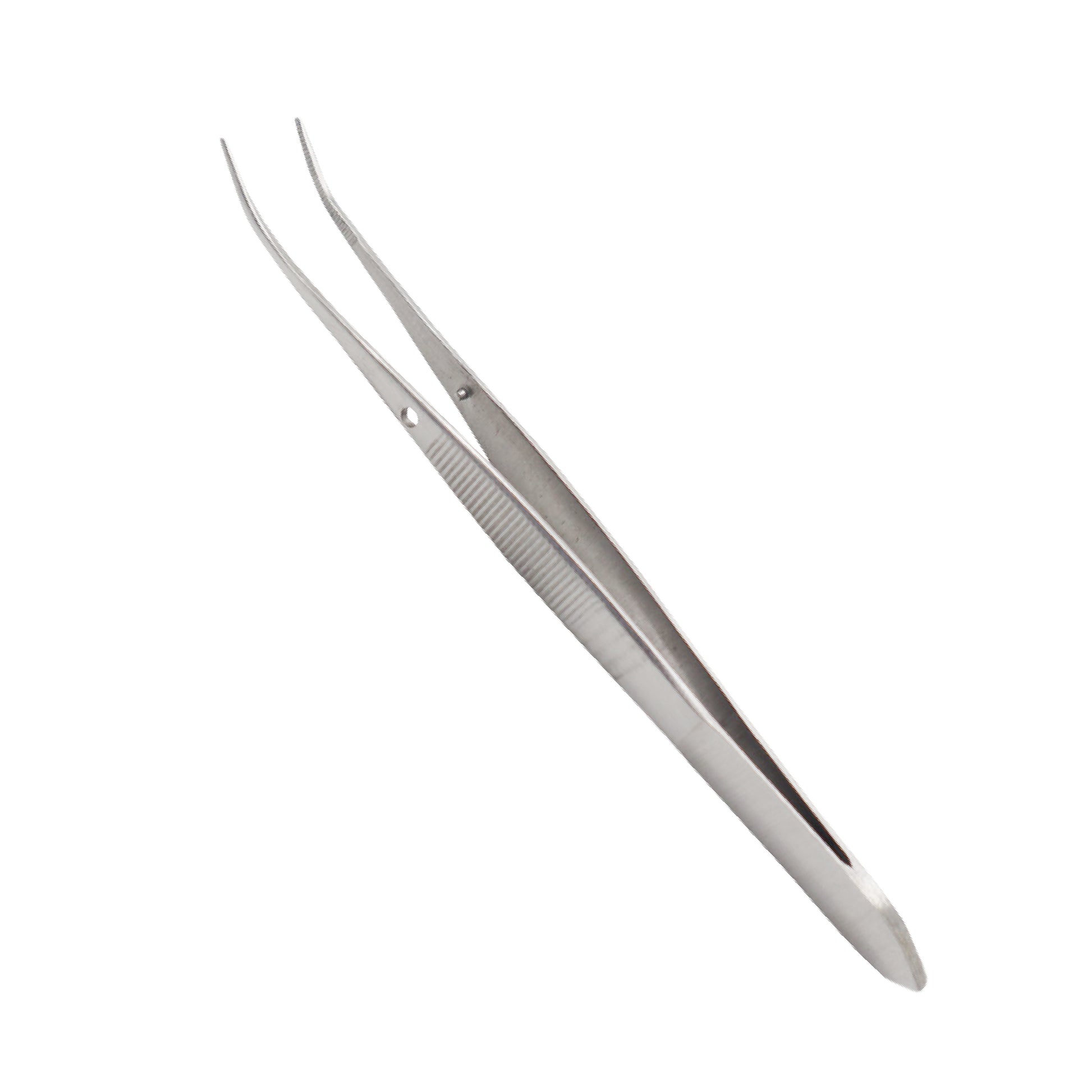  A pair of medical-grade stainless steel tweezers with a curved, serrated tip and a textured, anti-slip handle, commonly used for surgical, dental, or precision laboratory procedures.