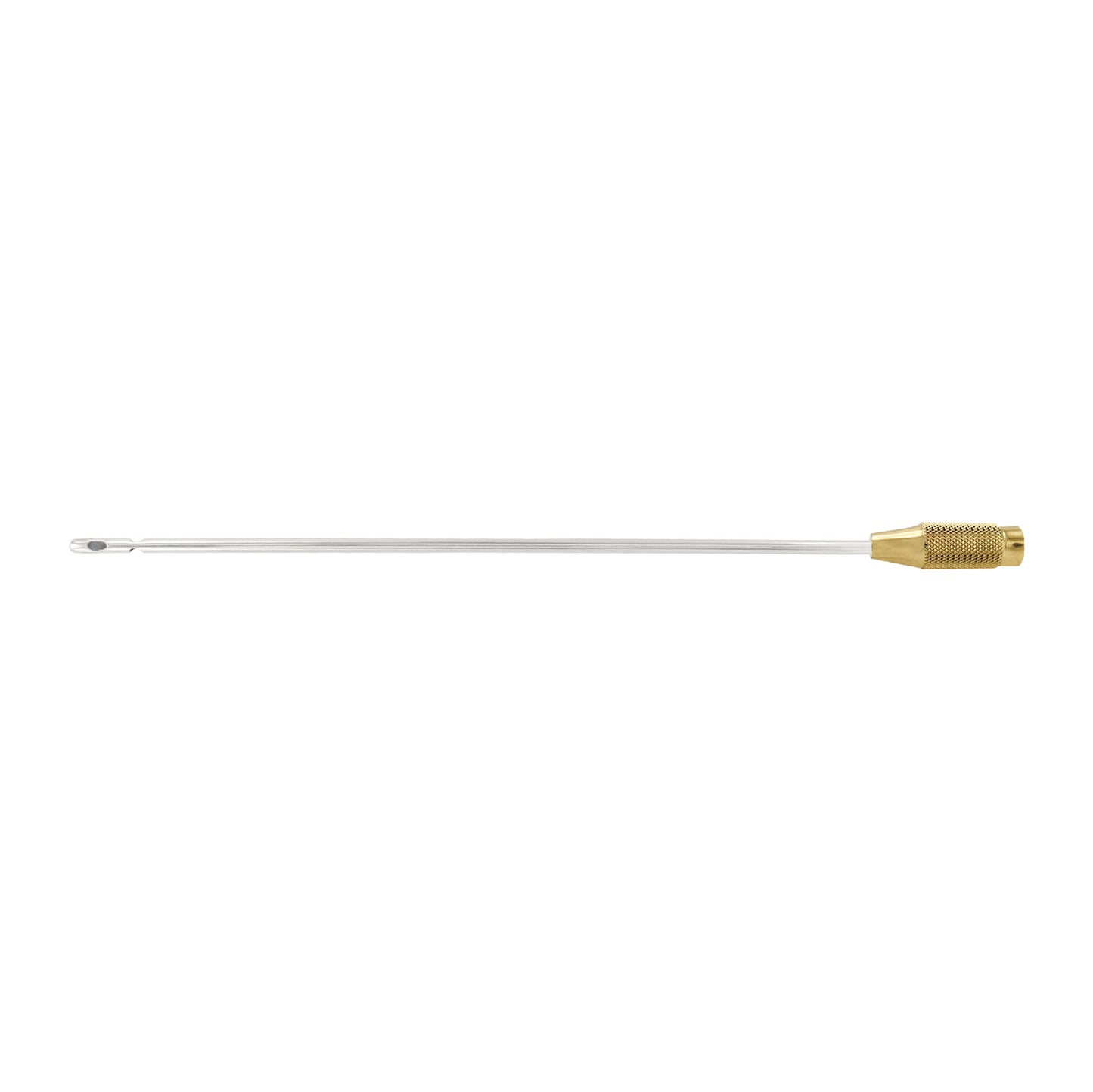 Long metal needle with brass-colored end on a white background
