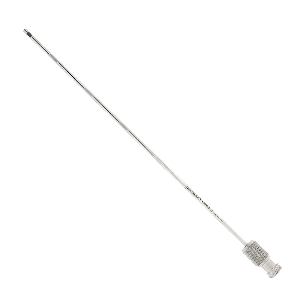 Long metal rod with a textured end on a white background