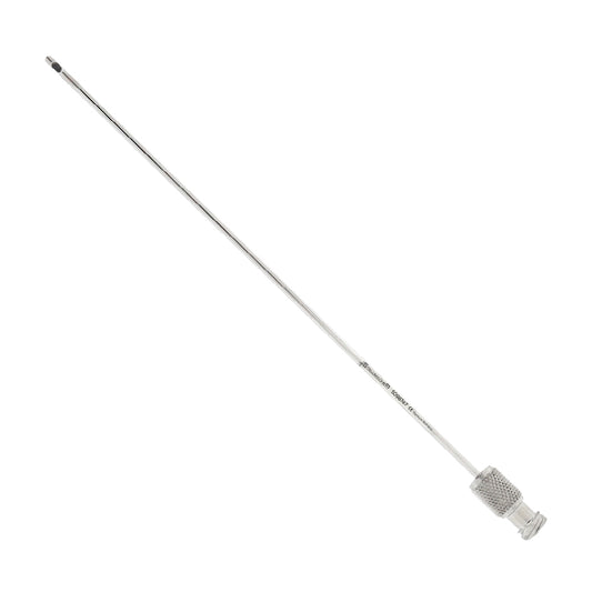 Long metal rod with a textured end on a white background