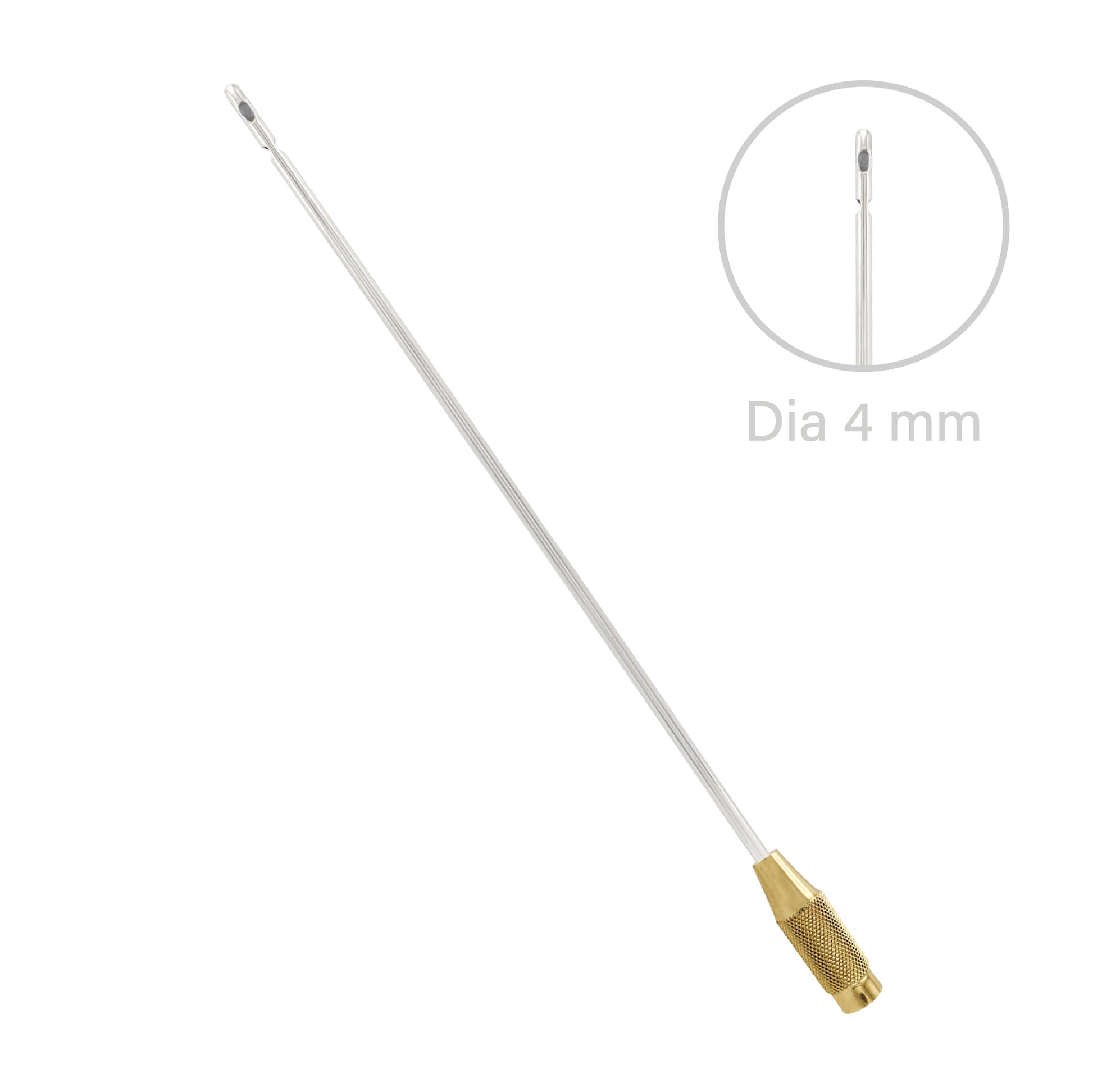 Long metal rod with gold end and close-up inset on a white background