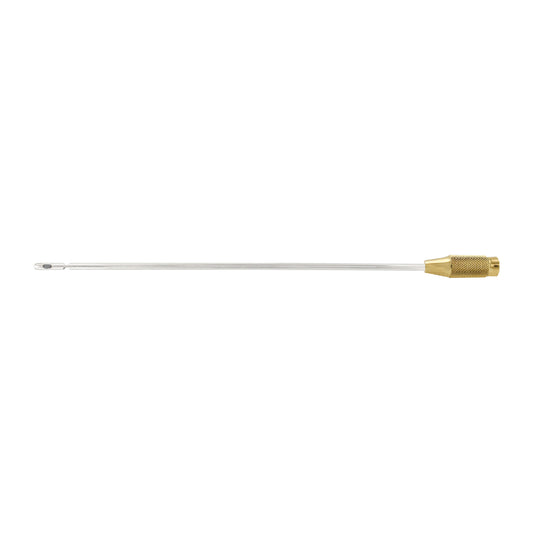 Long metal tool with brass fitting on a white background