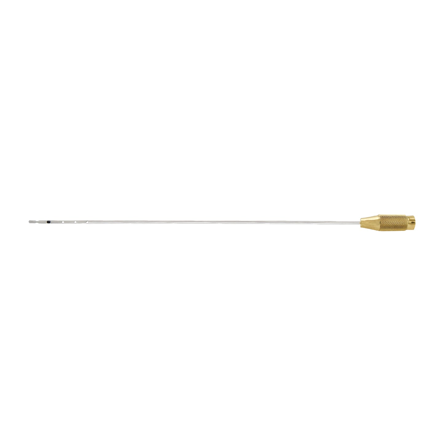 Long thin metallic object with a gold cap on a white background