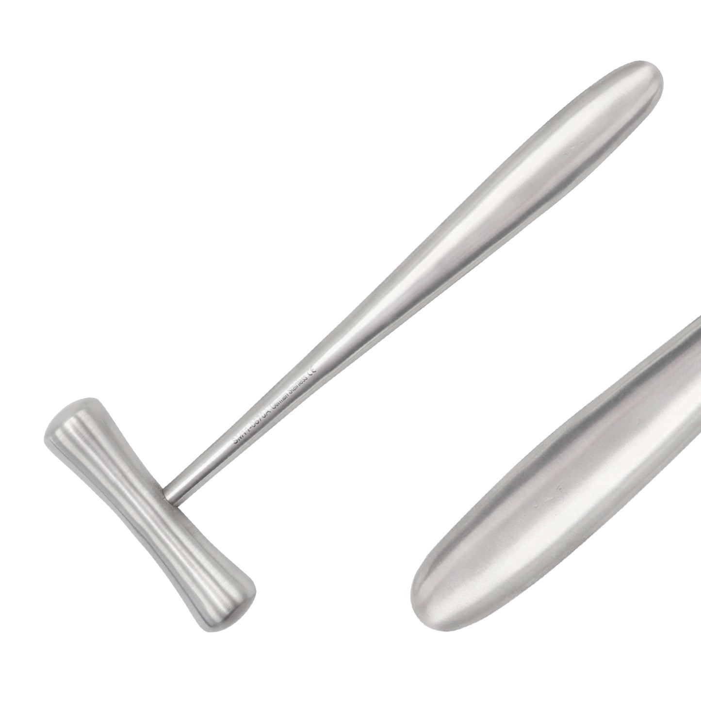 Solid stainless steel Lucae bone mallet surgical instrument featuring a cylindrical impacting head and an ergonomic curved handle against a white background.