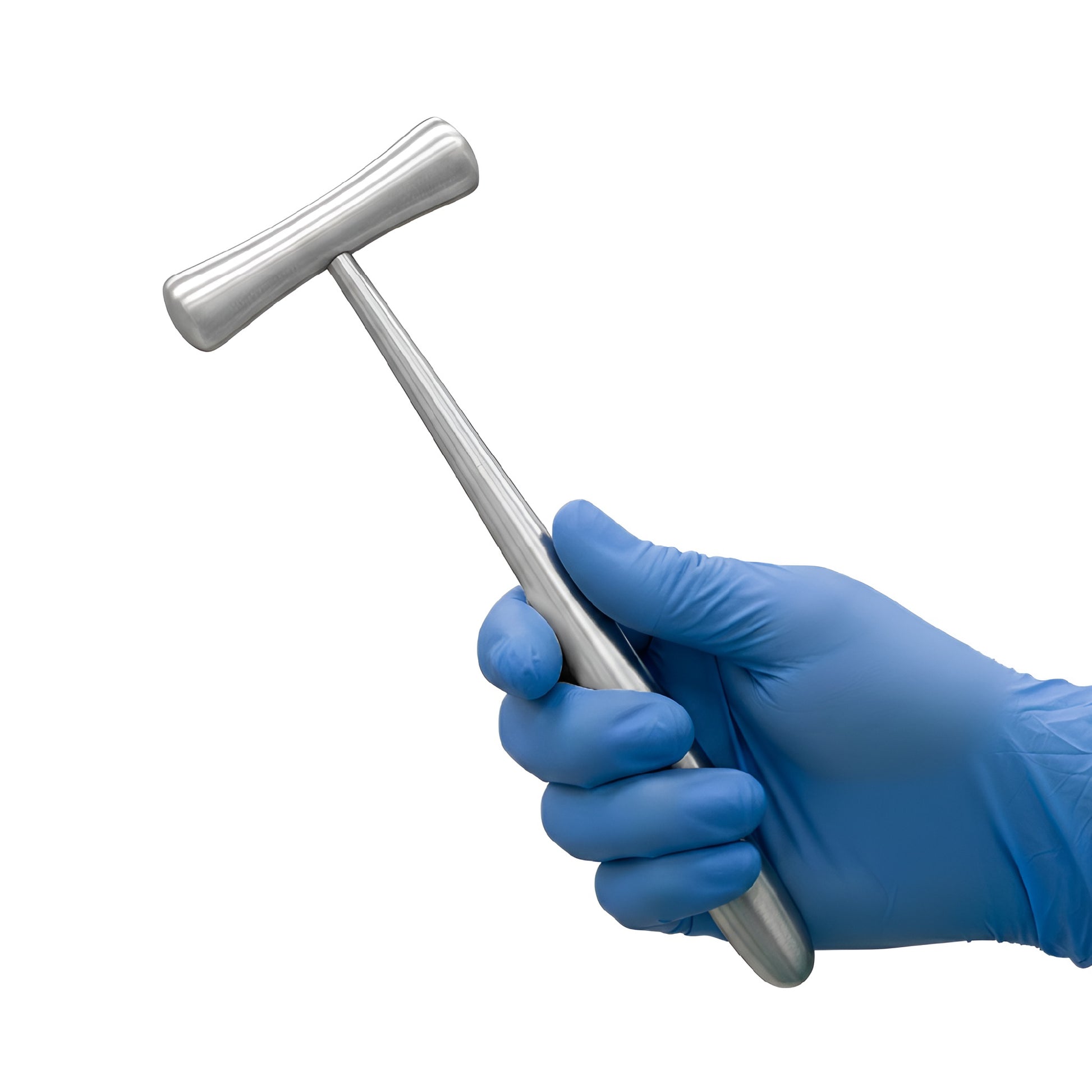 A gloved hand wearing a blue nitrile glove holds a stainless steel Lucae surgical bone mallet against a solid white background.
