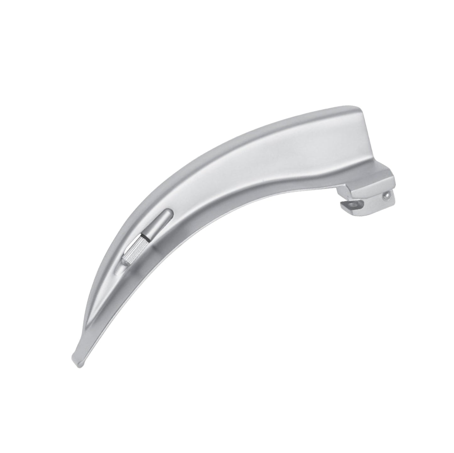 A curved, stainless steel Macintosh laryngoscope blade isolated on a white background, featuring a rounded tip and a attachment base for a handle.