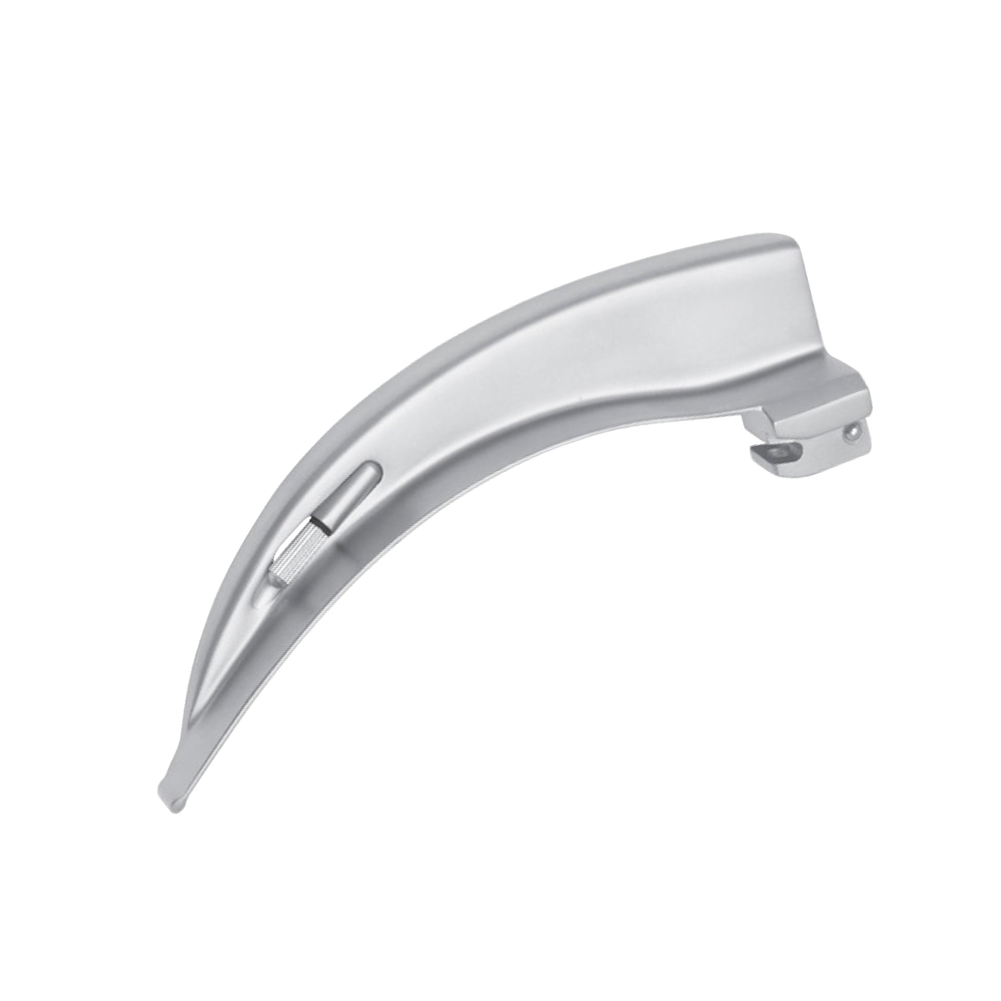 A curved, stainless steel Macintosh laryngoscope blade isolated on a white background, featuring a rounded tip and a attachment base for a handle.
