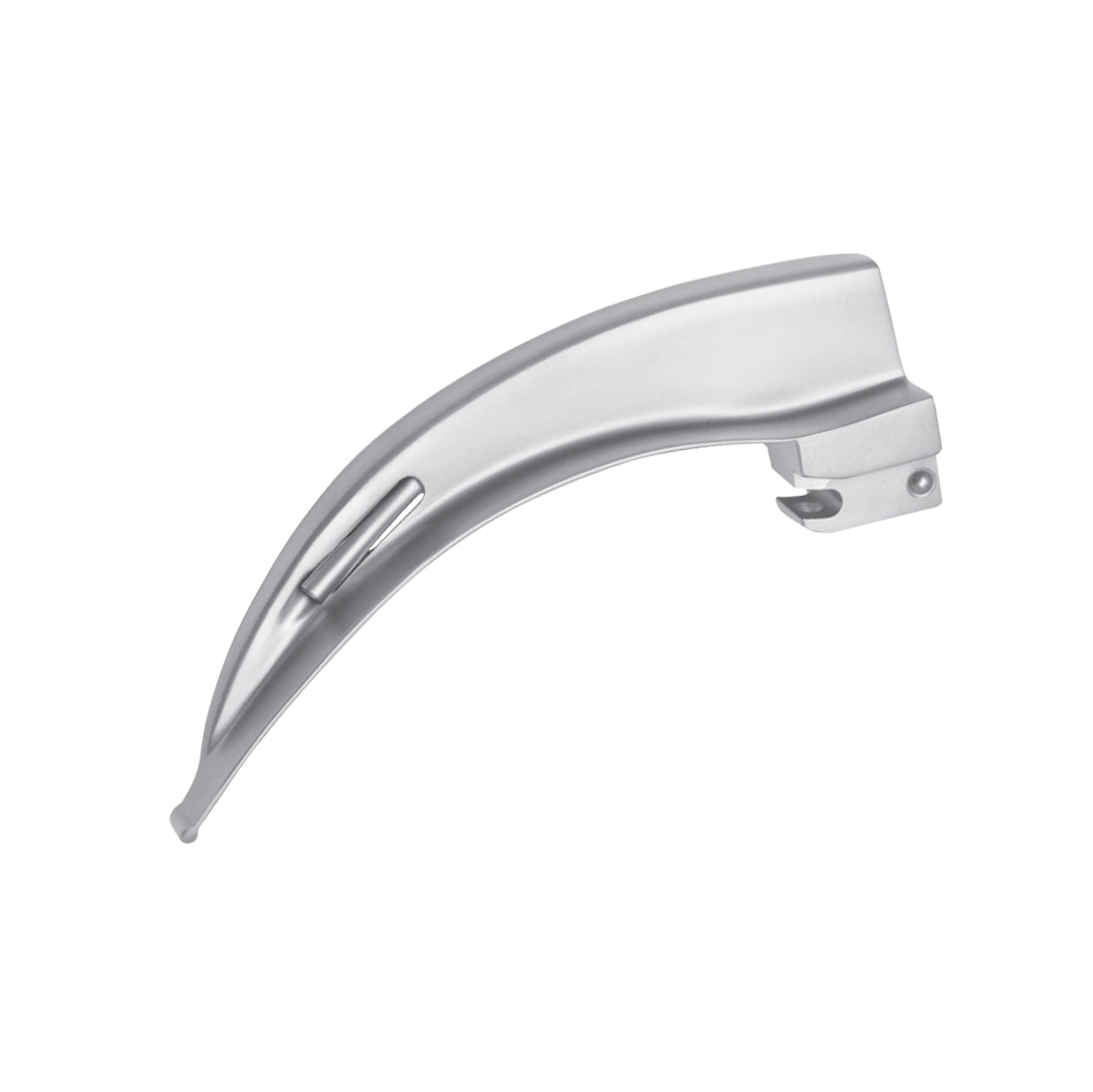 Curved stainless steel Macintosh laryngoscope blade with an integrated fiber optic light guide for medical intubation procedures.