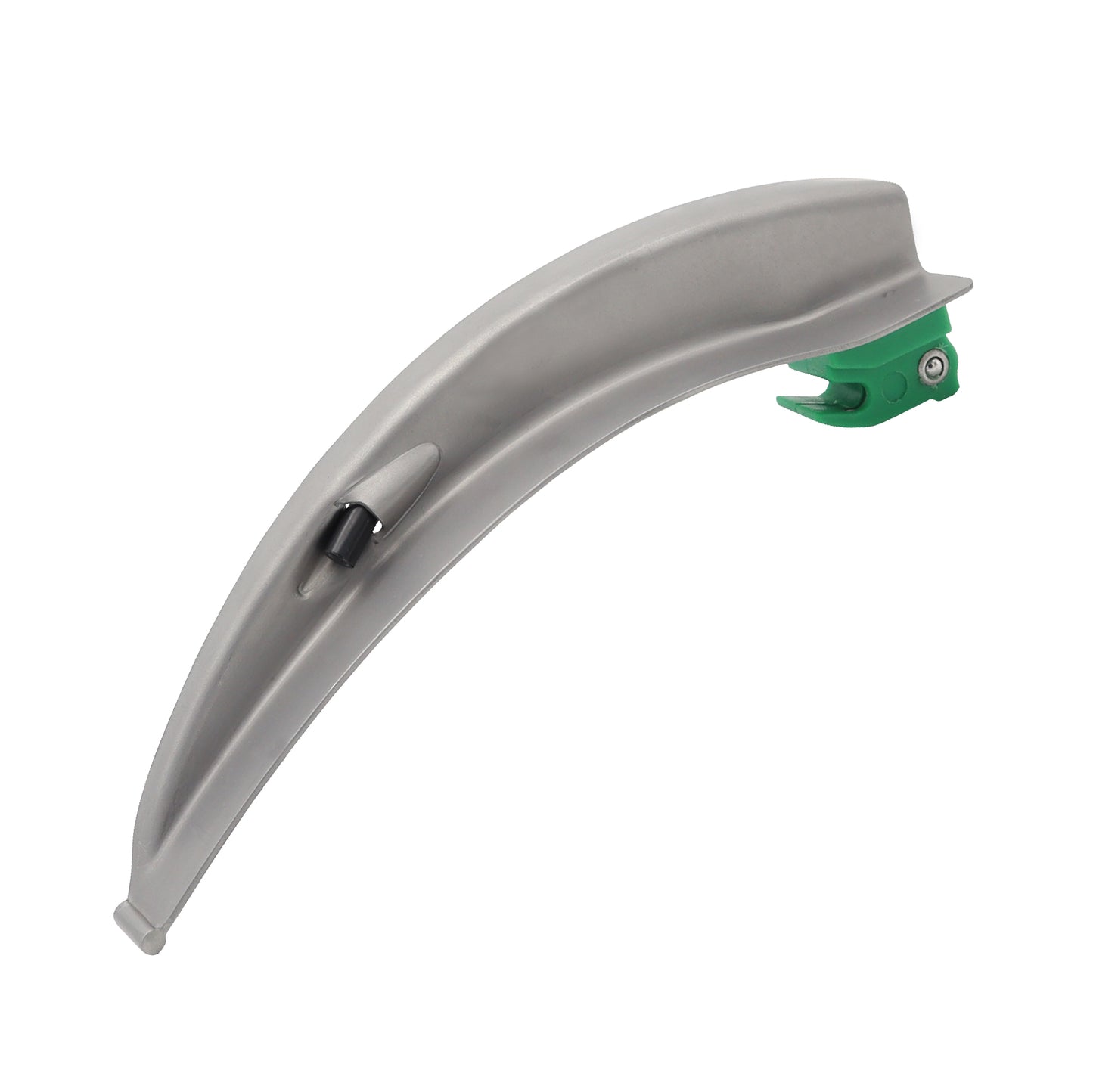 A single-use neonatal Macintosh laryngoscope blade with a curved stainless steel design, featuring a fiber optic light for improved visibility during intubation.