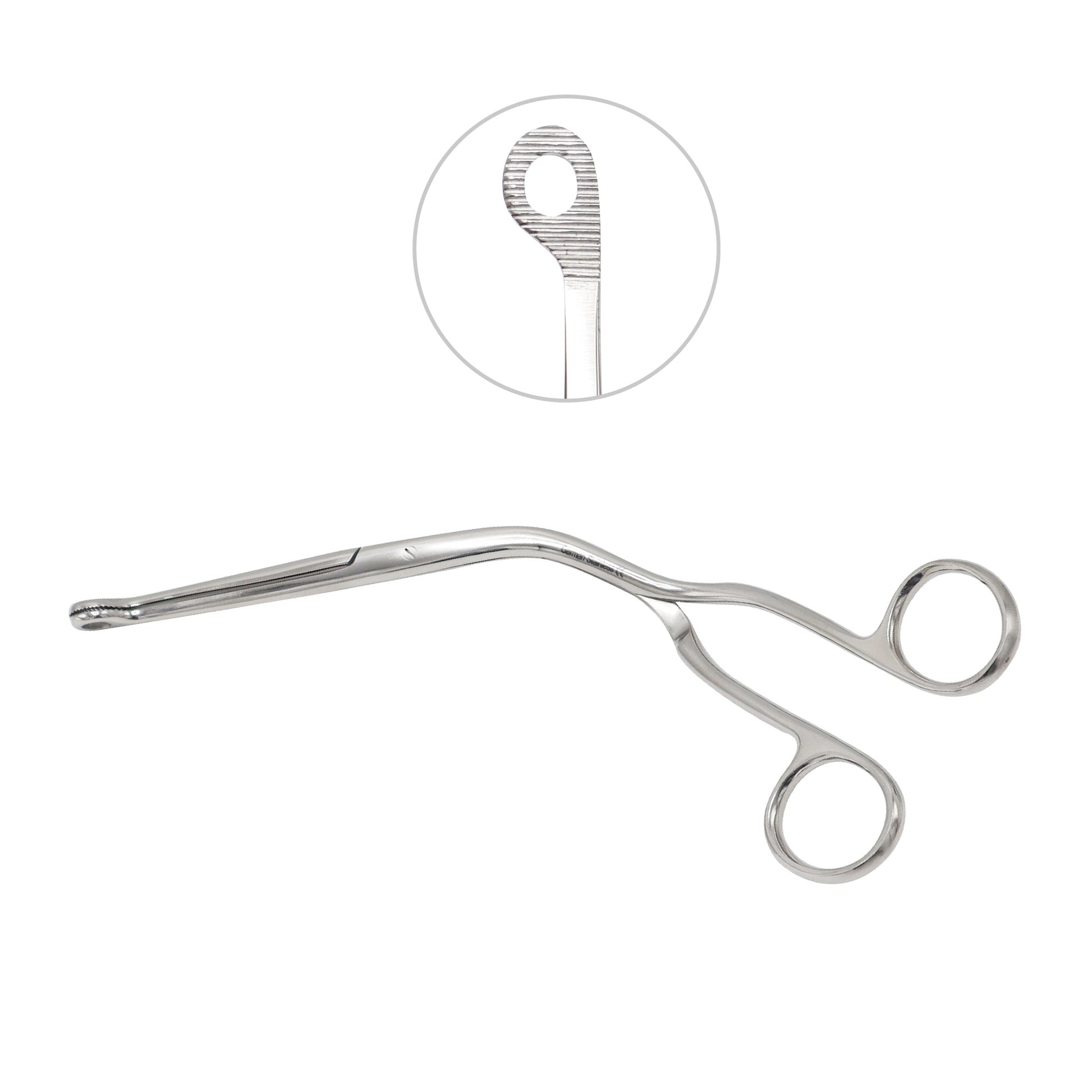 Stainless steel Magill catheter introducing forceps with a unique knee-bent angled shaft and circular serrated loop jaws for airway management.