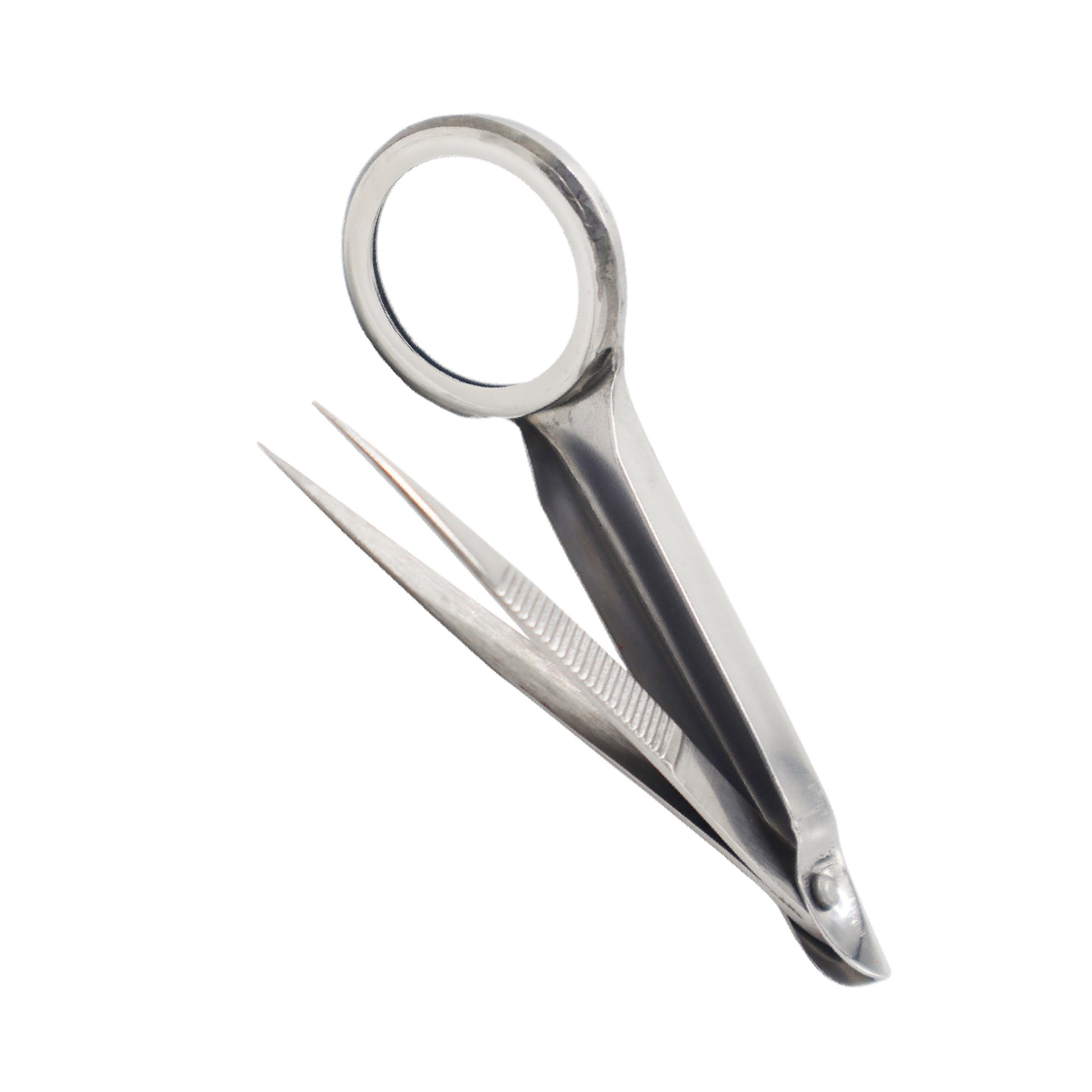 A pair of stainless steel splinter forceps with an integrated round magnifying glass attached to a spring-style handle, featuring fine, pointed precision tips.