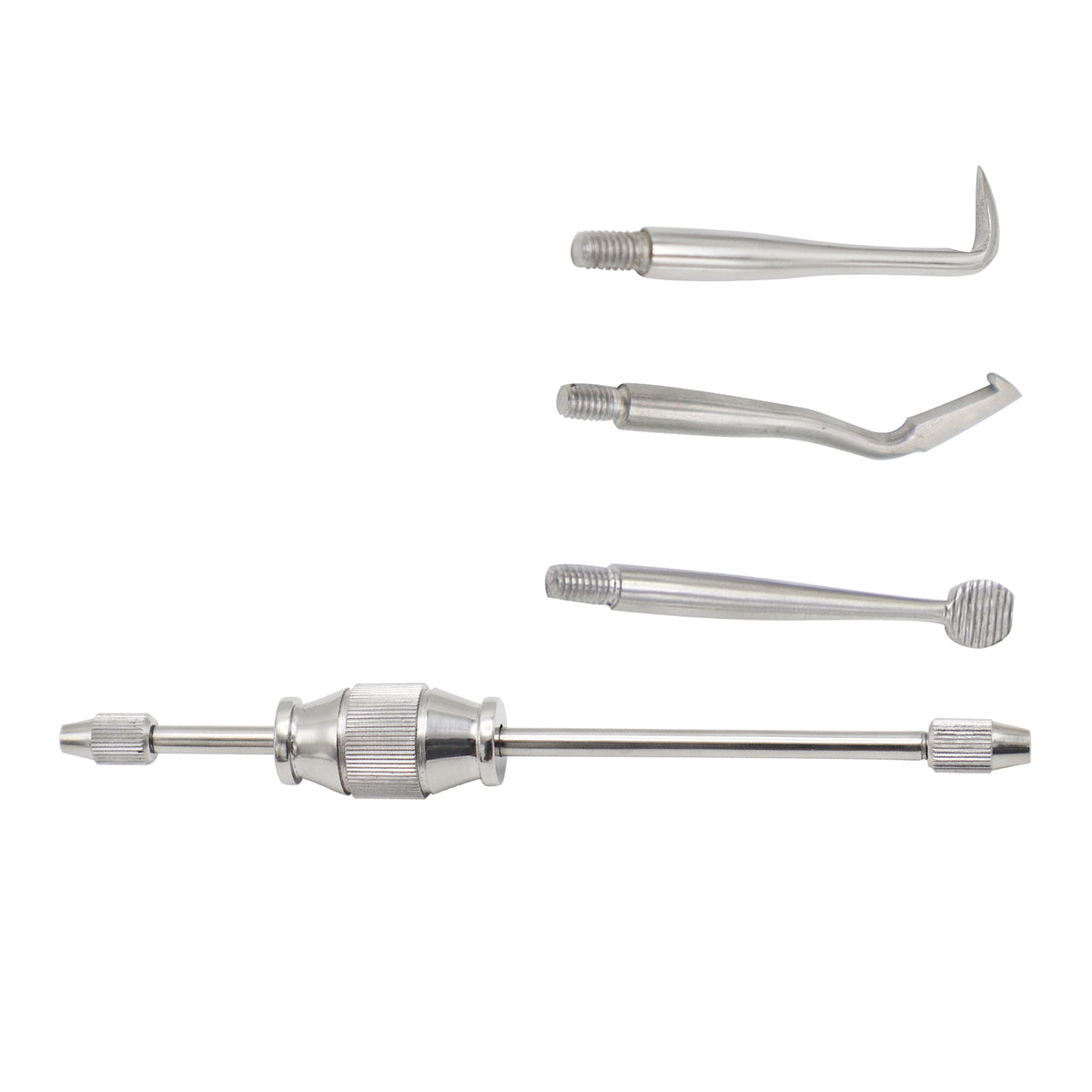 A surgical grade stainless steel manual dental crown and bridge remover tool kit featuring a double-ended sliding weight hammer shaft and three attachable hook and tip tips on a white background.