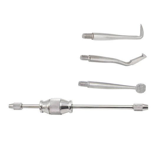 A surgical grade stainless steel manual dental crown and bridge remover tool kit featuring a double-ended sliding weight hammer shaft and three attachable hook and tip tips on a white background.