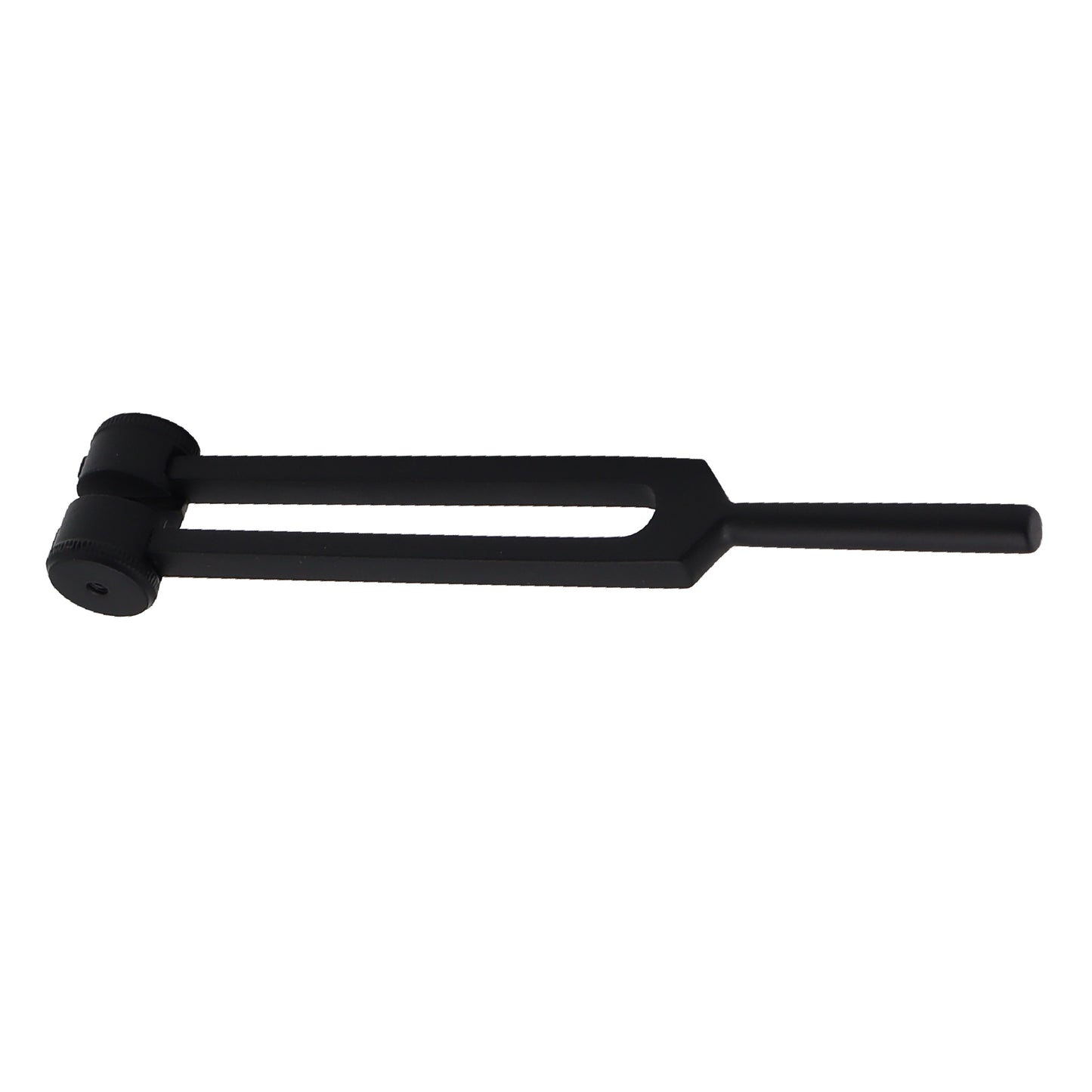 A matte black weighted medical tuning fork for neurological and hearing tests, isolated on a solid white background.
