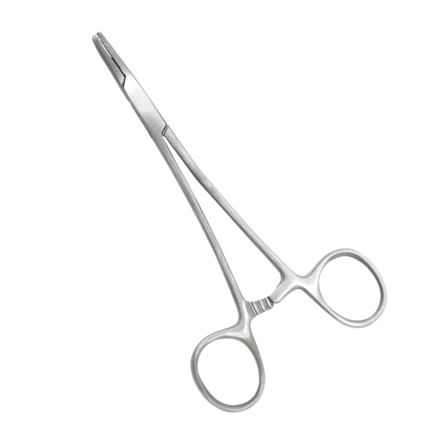 A stainless steel Mayo-Hegar needle holder with straight, serrated jaws, a box lock joint, and a ratchet locking mechanism on the finger ring handles.